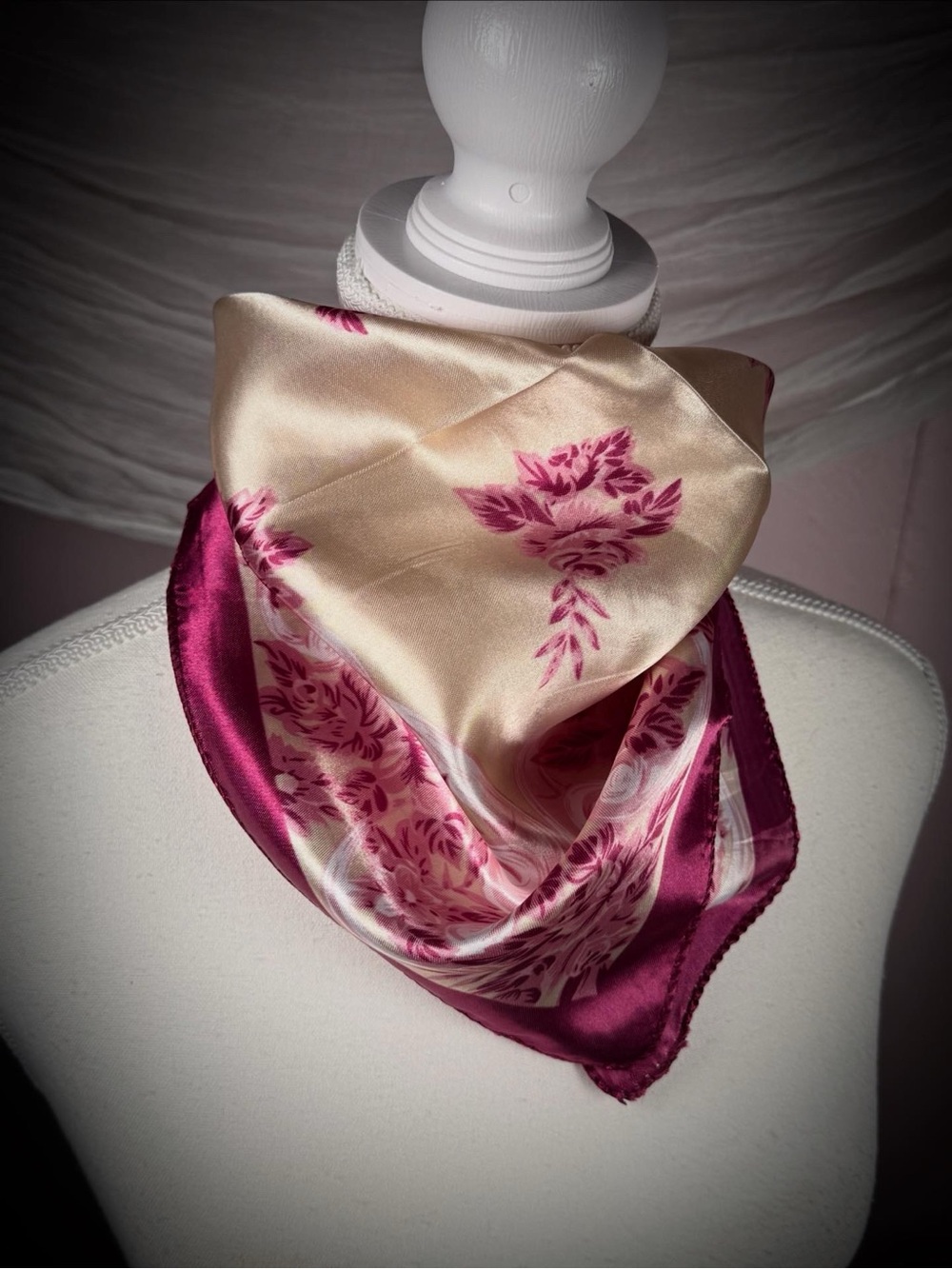 Vintage Burgundy Floral Satin Scarf Rose Print